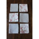 Un lot de 6 serviettes de table gris bleu Pois Fleurs roses