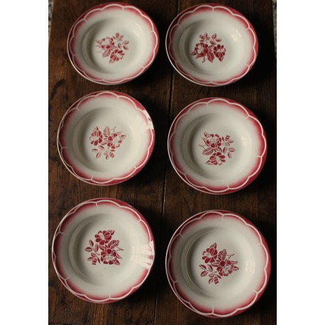 Lot de 6 assiettes creuses Marsac rouge Digoin Sarreguemines