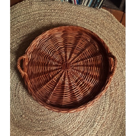 Grand plateau rond osier foncé deux poignées