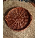Grand plateau rond osier foncé deux poignées
