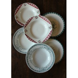 6 assiettes creuses dépareillé paires Sylvia Niger Digoin Caumartin rouge vert