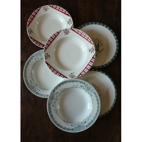 6 assiettes creuses dépareillé paires Sylvia Niger Digoin Caumartin rouge vert