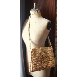 Cabas sac vannerie vintage fleurs