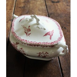 Soupière Légumier Terre de Fer rose oiseaux FF Pexonne