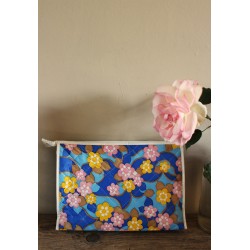 Trousse de toilette vintage bleu fleurs rose jaune