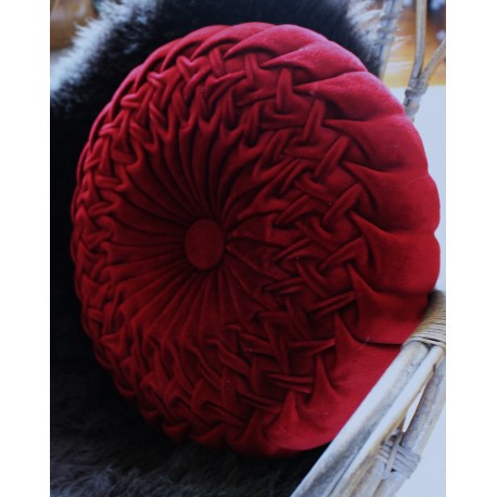 Coussin rond velours rouge foncé rosace tressé vintage