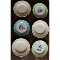 6 assiettes plates dépareillé Ecru Vert Oiseaux Lunéville Badonviller Sarreguemines