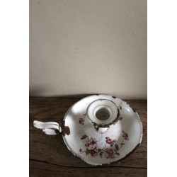 Bougeoir Rat de cave tôle émaillée blanc fleurs roses vintage