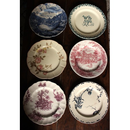 6 assiettes plates dépareillé terre de fer anglais romantiques