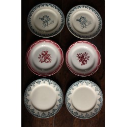 6 assiettes plates dépareillé Marsac rouge Digoin Terre de Fer bleu