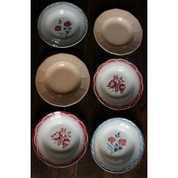 6 assiettes creuses dépareillé Digoin Sarreguemines rouge bleu rose