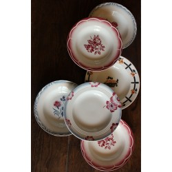 6 assiettes creuses dépareillé Marsac Marinette Digoin Bleu rouge Badonviller