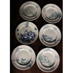 6 assiettes plates terre de fer bleu oiseaux dépareillé