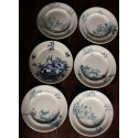 6 assiettes plates terre de fer bleu oiseaux dépareillé