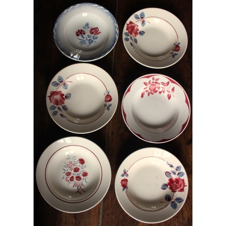 6 assiettes creuses dépareillé rouge bleu Art Deco Badonviller Digoin