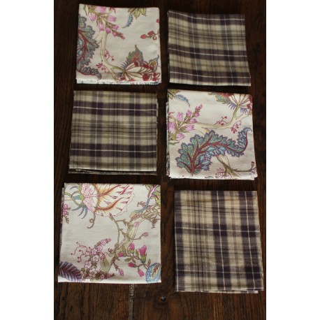 6 serviettes de table carreaux marron Fleurs à l'ancienne