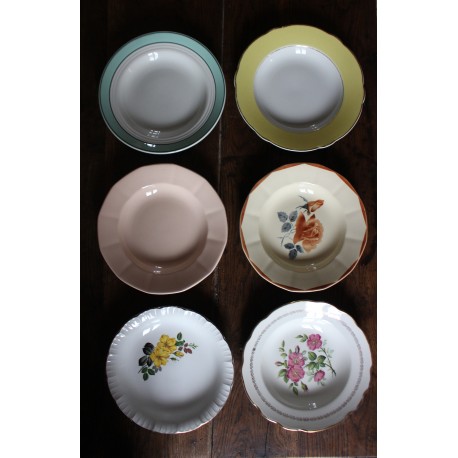6 assiettes creuses dépareillé couleurs fleurs Digoin Sarreguemines Gien