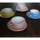 Un lot 4 tasses thé café soucoupes bleu jaune rose Digoin Villeroy