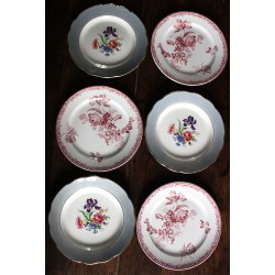 6 assiettes plates dépareillé Bleu Fleurs Fontanges Sarreguemines Rose