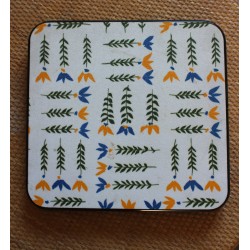 Dessous de plat bois stratifié fleurs jaune vert bleu Vintage