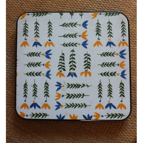 Dessous de plat bois stratifié fleurs jaune vert bleu Vintage