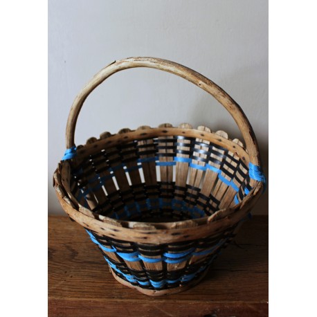 Panier Corbeille Bois anse ronde vintage tressage bleu noir