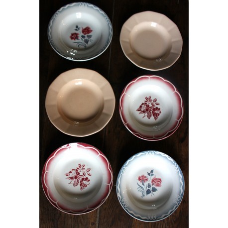 6 assiettes creuses dépareillé Digoin Sarreguemines rouge bleu rose