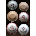 6 assiettes creuses dépareillé paires Digoin Sarreguemines rouge bleu rose