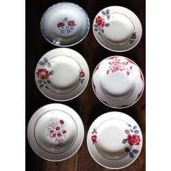 6 assiettes creuses dépareillé rouge bleu Art Deco Badonviller Digoin
