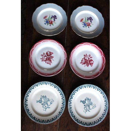 6 assiettes plates dépareillé paires Terre de Fer Marsac Fleurs Digoin