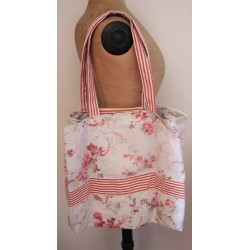 Cabas | Coton neuf Rayures rouges + Fleurs Shabby gris rose + Pois | Création Champêtre Chic